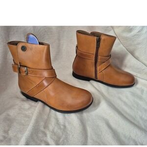 Birkenstock Collins Camel Leather Ankle Boots Buckle Zip Women's Sz 36 narrow